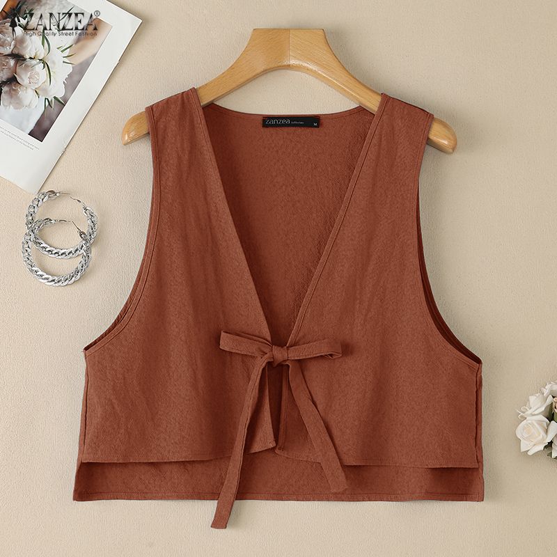 ZANZEA Women Lace-up V-Neck Sleeveless Casual Cardigans Vest Tops