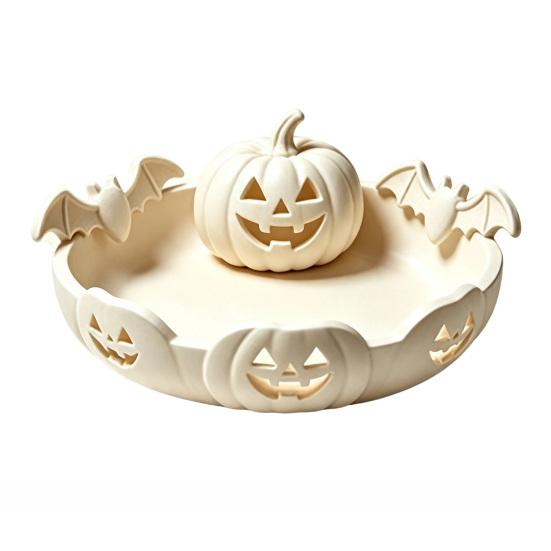 Candy Storage Dish Halloween Pumpkin Tray, Bat Relief Holder, 3D Printed Retro Face Bowl Desktop Bowl, Spooky Tabletop Ornament for Party Decor Window