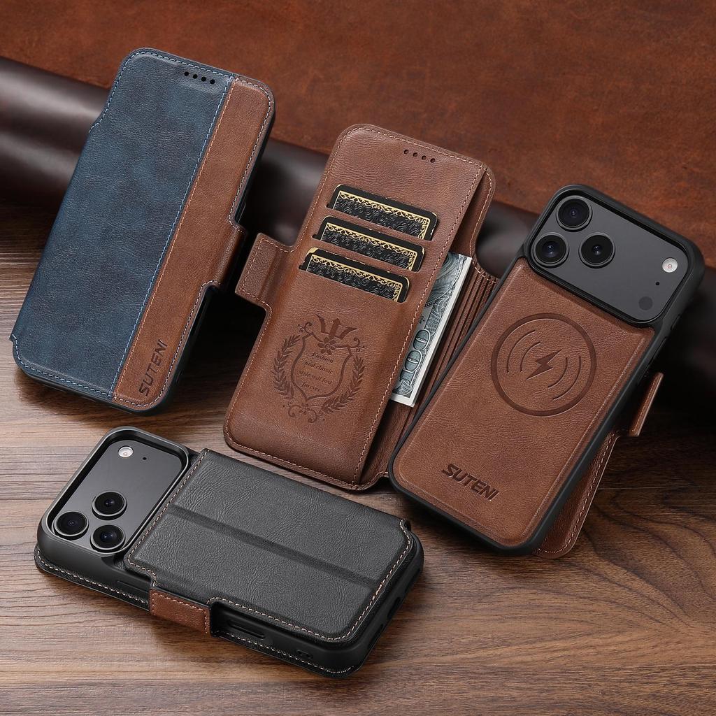 Étui à rabat magnétique en cuir pour iPhone 17 Pro Max & Samsung S25U avec chargement sans fil