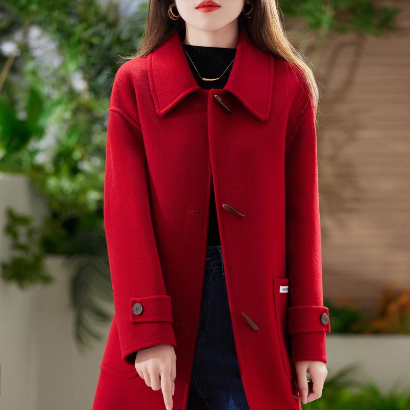 Women's Slim Fit Long Wool Coat with Wide Lapel and Toggle Closure - Double-Faced Woolen Overcoat for Autumn/Winter
