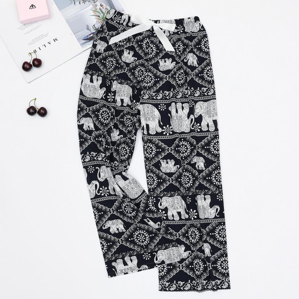 Women's Cotton-Silk Cartoon Pajama Pants, Summer Thin, Black & White Wide-Leg, Plus Size, Outdoor Beach Wear.