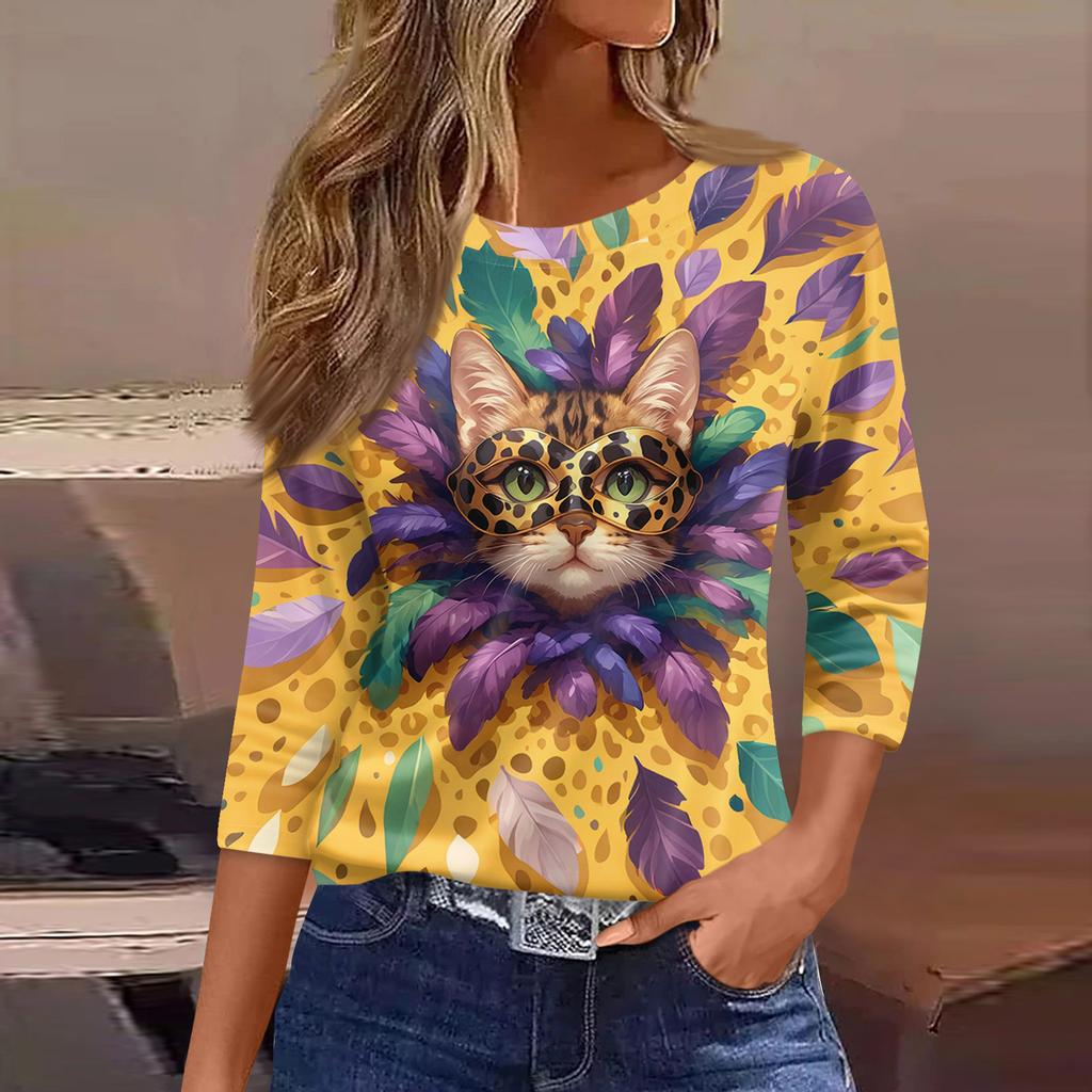3/4 Length Sleeve Womens Tops Floral Print Vintage Fashion Casual Loose With Round Neck Plus Size Shirts
