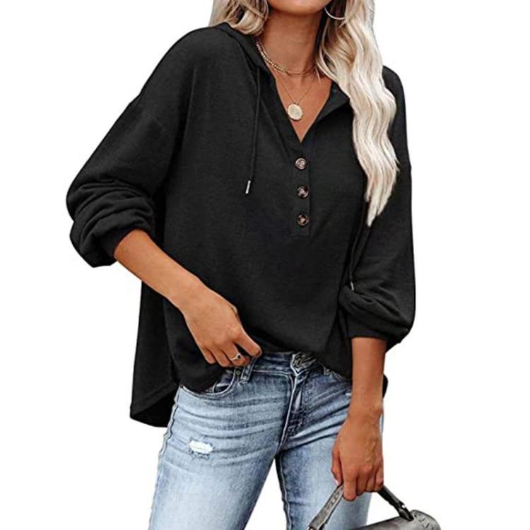 Autumn Winter Women Casual Solid Color Loose V Neck Hoodie Top Single Breasted Shirt