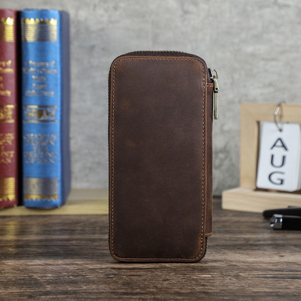 Vintage Style Genuine Leather Pencil Case 4 Slots Design Pen Case Pencil Bag Office Supplies