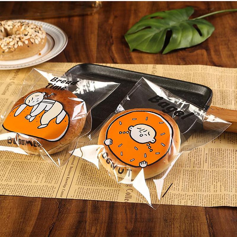 Cartoon Bread Storage Bags Self-Sealing Clear Plastic Packaging Bags For Sliced Bread Donuts Bagels Buns Resealable Bakery