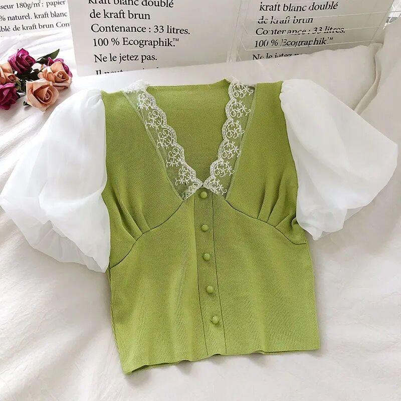Sexy čipka Dámske tričká Čierna Biela Bubble Sleeve Girls Y2K Tričká Sexy Lady Ležérne tričká Módne topy