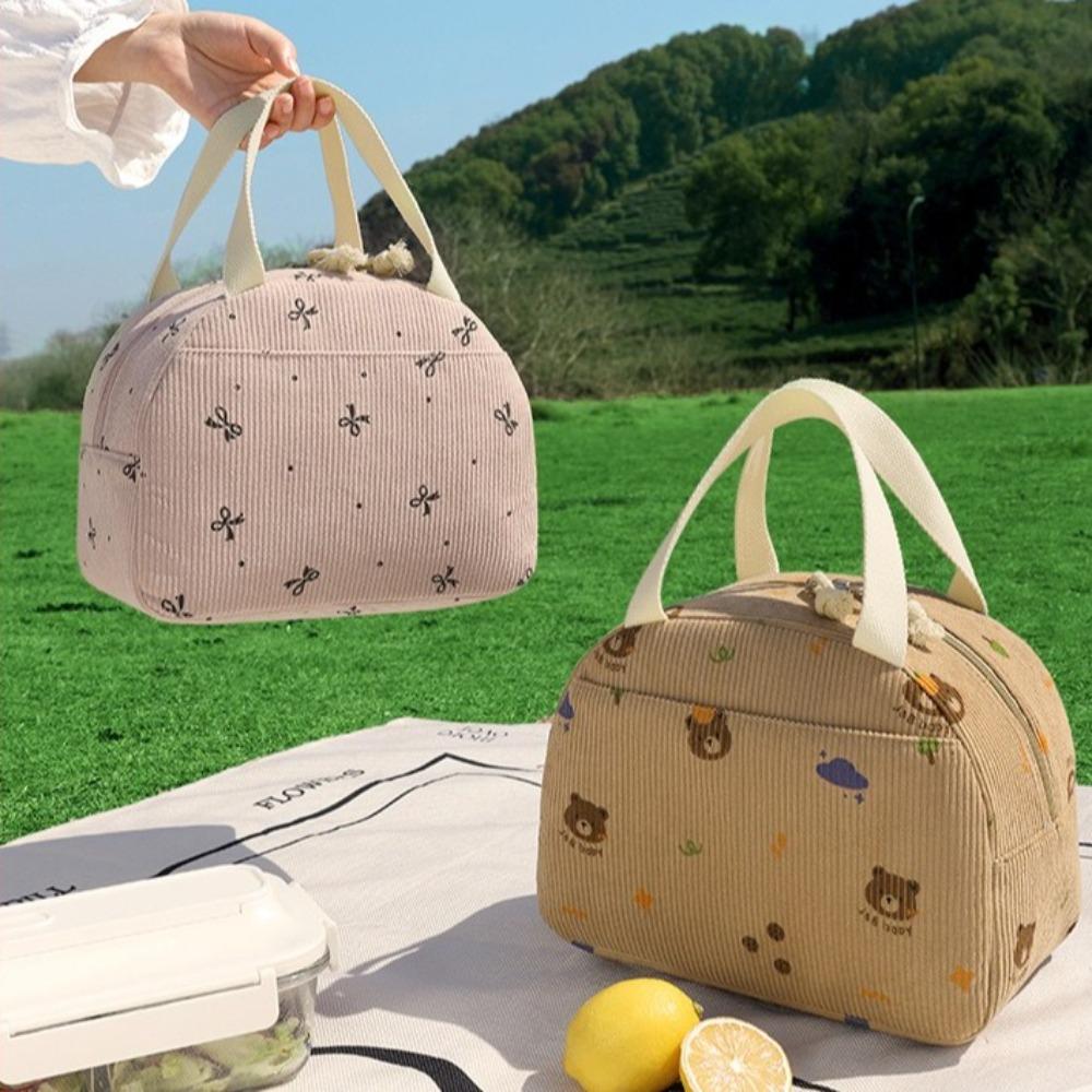 New Corduroy Lunch Bag Thermal Insulated Multi-functional Cooler Bag Cute Bear Bow Storage Handbag for Kids School