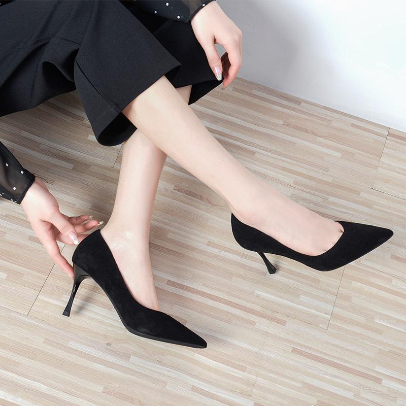 Business Professional High Heels Women's Pointed Head Suede Stiletto Single Shoes 2025 Autumn and Winter New Black Work Shoes Commute