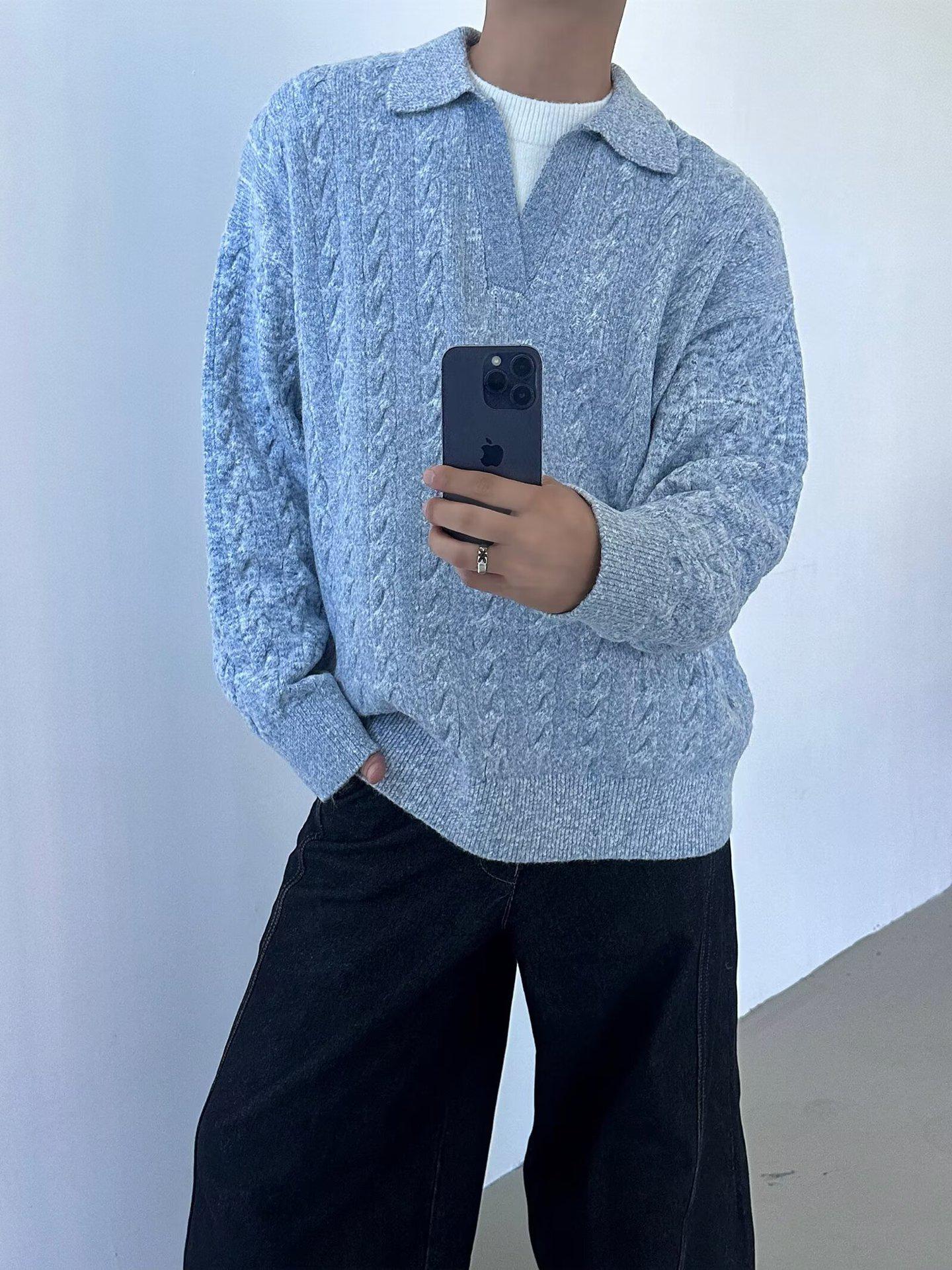 Men s Retro Cable Knit Faux Two-Piece Sweater: Winter Trendy Solid Color Pullover L