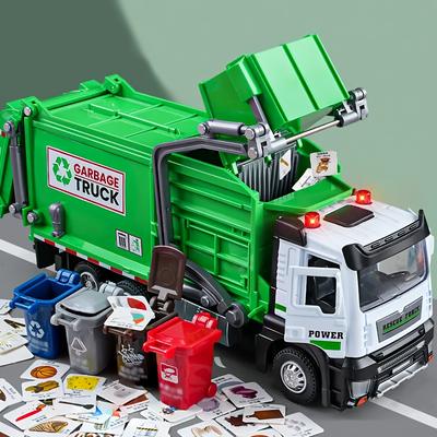 Zestaw zabawek - Pojazd do dezynfekcji pomieszczeń kierowcy ze stopu - z efektami dźwiękowymi i świetlnymi, Model symulacyjny śmieciarki z 4 pojemnikami na śmieci