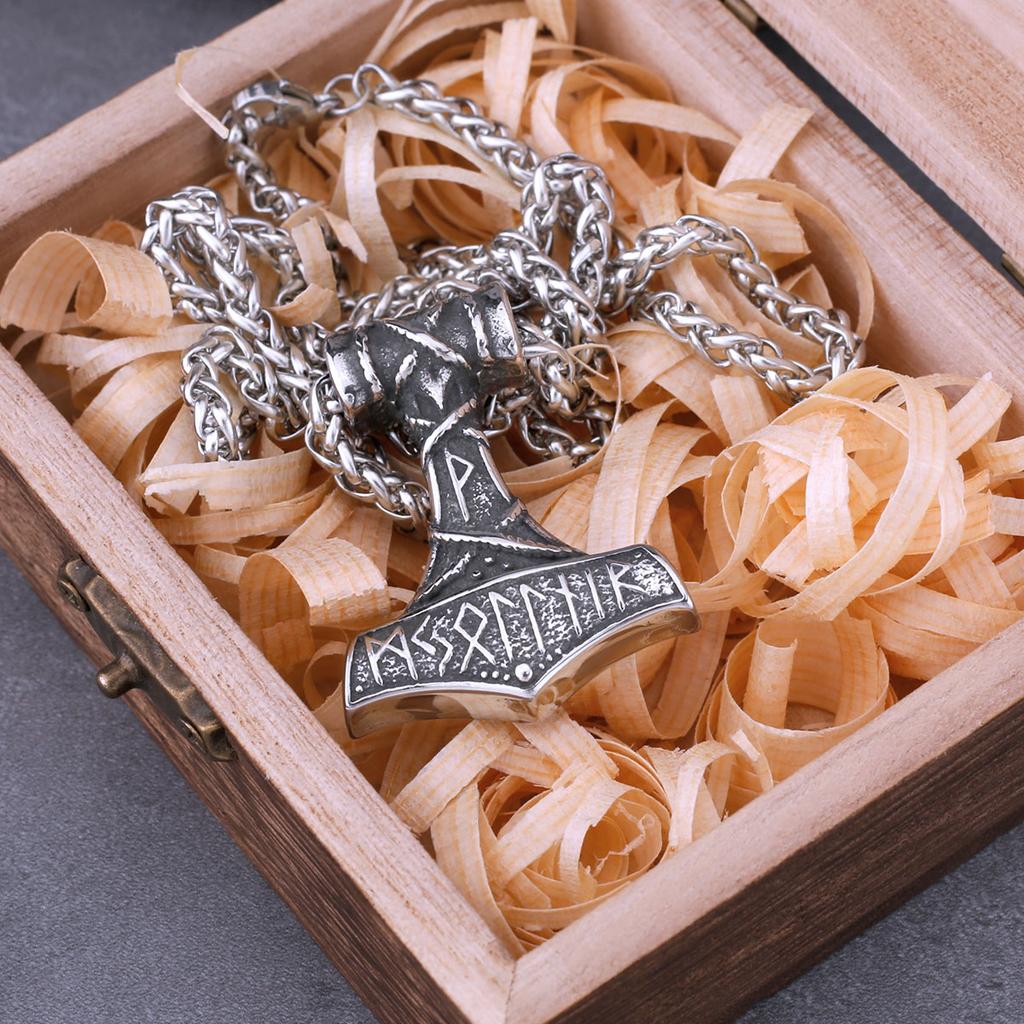 Vintage Nordic Vikings Anchor Odin Rune Necklace Stainless Steel Mjolnir Pendant Punk Jewelry Gift for Men
