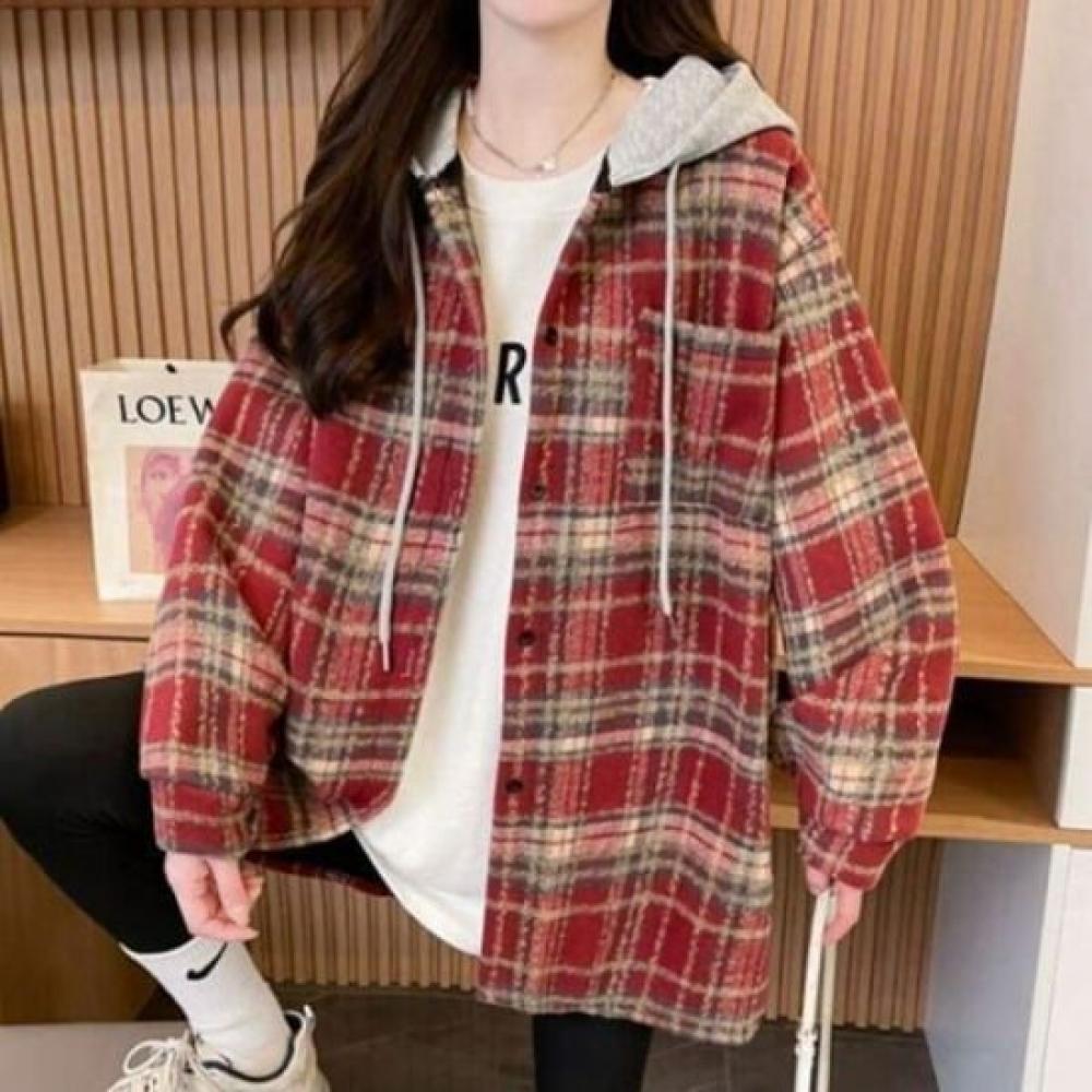 Navava Men Retro Casual Check Long Sleeve Hooded Shirt Nb2974