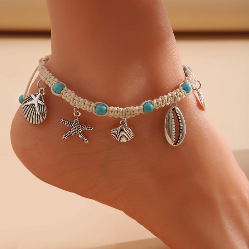 Starfish Shell Charms Anklet, Ocean Style Ankle Bracelet Jewelry, Wave Shell Jewelry Beach Party Accessories