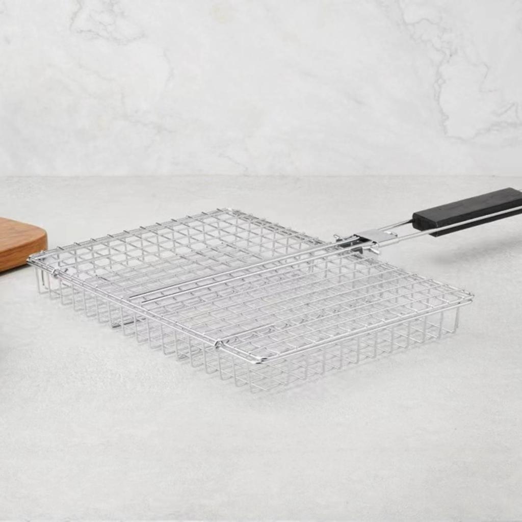 Square Grill Basket with Long Handle Electroplated Carbon Steel Folding Foldable