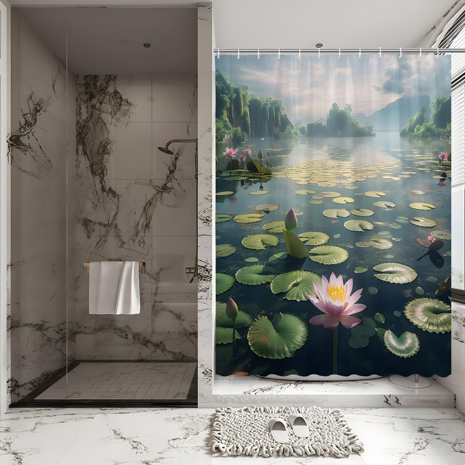

Enchanting Lotus Pond Bath Curtain - Serene Water Lilies & Mountain View,Waterproof Home Decor Adds Tranquility to Your Bathroom W90XH180cm