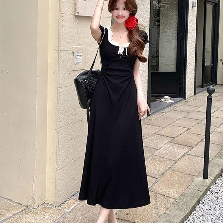 French Hepburn Style Fake Two-piece Short-sleeved Slim Temperament Black Slim-fit Knitted Dress Women's Summer Small Black Skirt