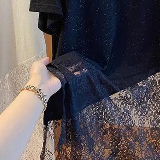 Dámské tričko s kulatým výstřihem, krátkým rukávem, středně dlouhé topy, jednobarevné, design s bočními rozparky, krajkové vsadky, tričko pro každodenní nošení