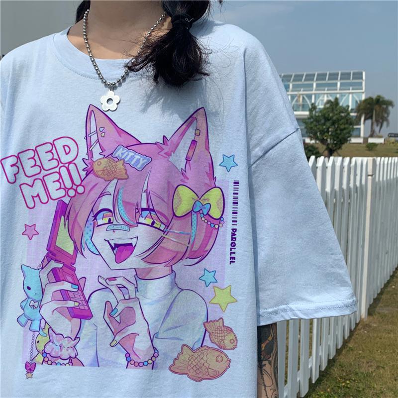 Women T-Shirt Cartoon Sweet Girls Oversized T Shirt Japanese Streetwear Harajuku Gothic Kawaii Casual Tops Short Sleeve Tshirt