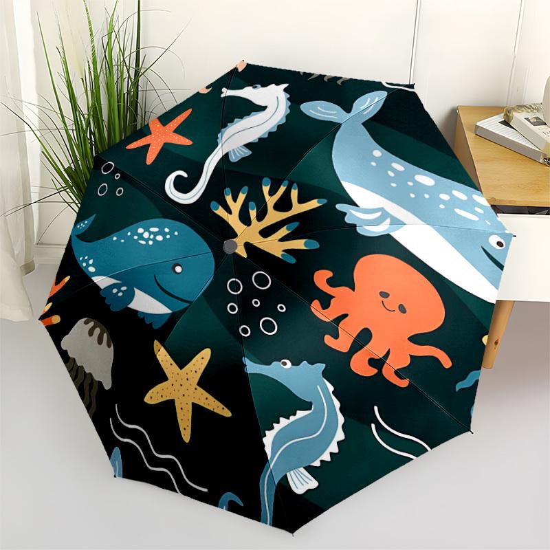 1pc Ocean Creatures Automatic Folding Umbrella, 8-Rib Durable Iron Frame, Compact Travel Umbrella for Women & Men 013