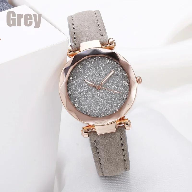 Womens Fashion Leather Strap Watch Frosted Dial Diamond Starry Design Golden Edge Quartz Watch Multicolor
