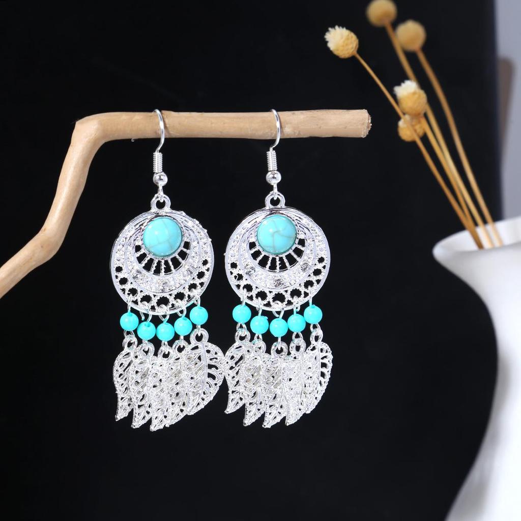 Ethnic Feather Tassel Dangle Earrings - Imitation Miao Silver Style, Popular Tourist Item, Cute Bean Design.
