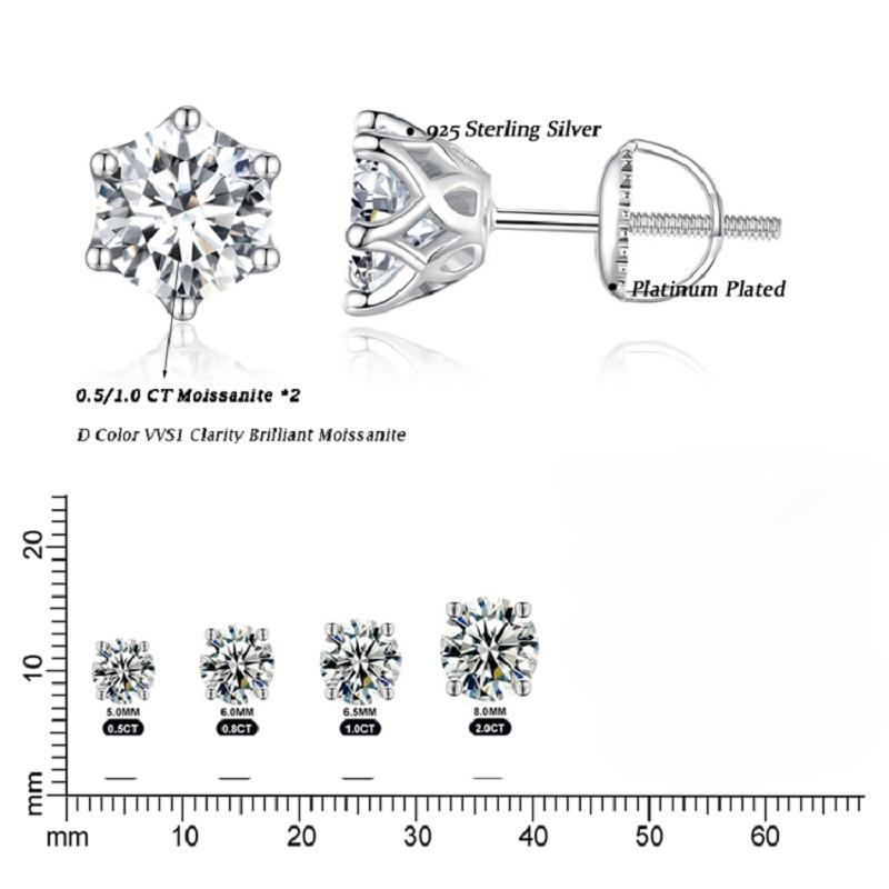 D Culoare 2CT VVS1 EX Cercei Stud Moissanite S925 Cercei placați cu platină cu diamante de laborator tăiate rotund pentru femei nuntă