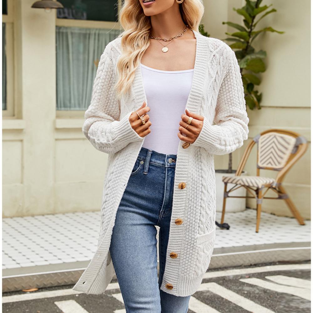 

Однотонный кардиган с карманами на пуговицах, длинный свитер в стиле ленивой моды, витой осенне-зимний однотонный вязаный кардиган с V-образным вырезом, женский вязаный свитер S белый