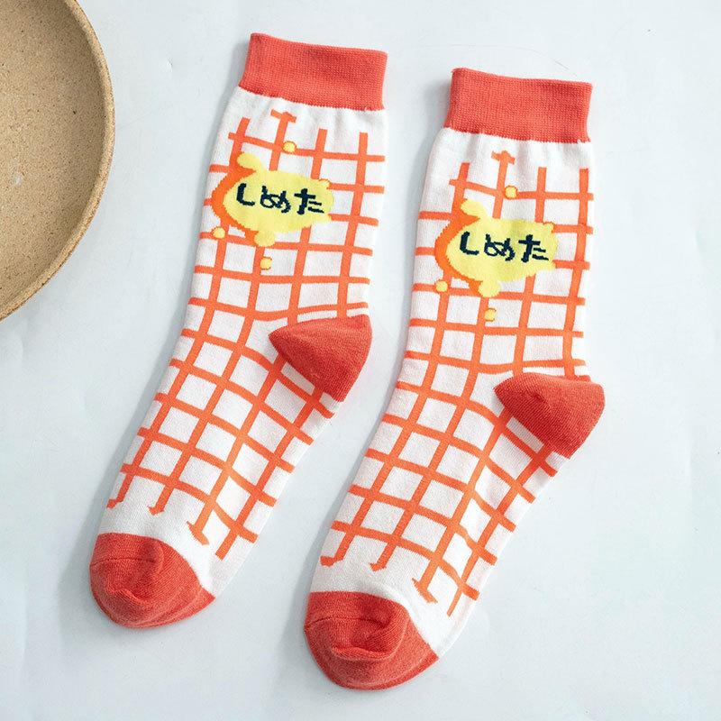 Streetwear Spring Autumn Cartoon Grid Woman Socks Cotton Kawaii and Funny Socks Women 12601 EUR35-40