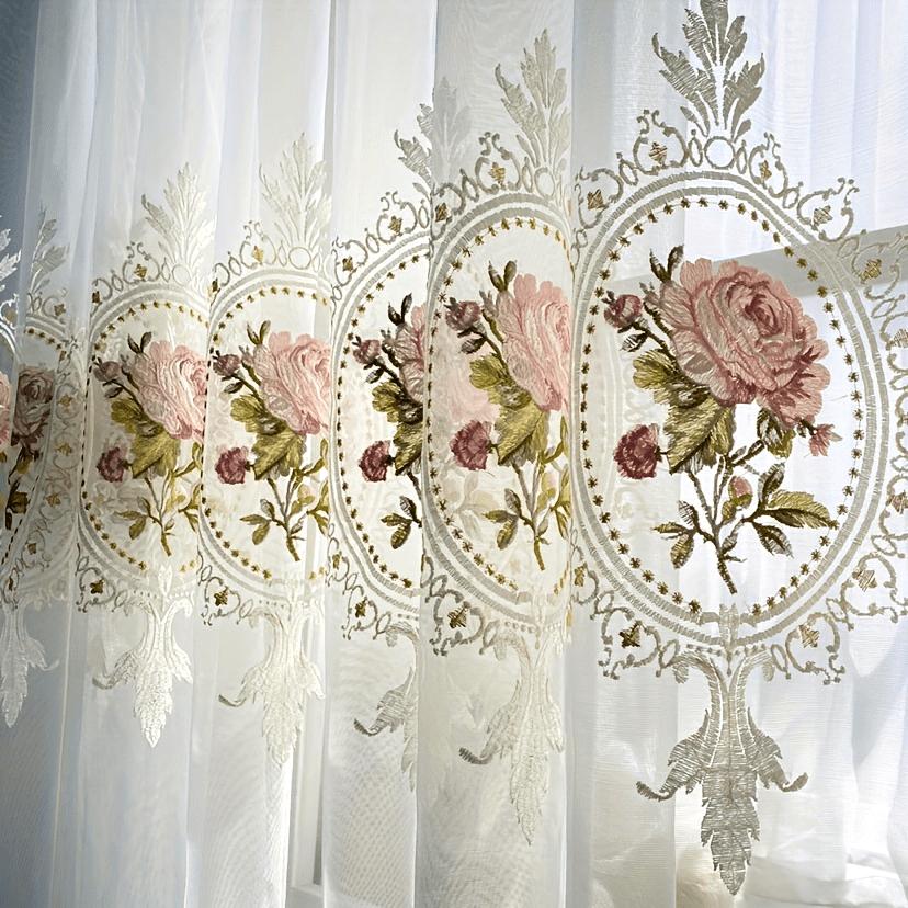 1pc Peony Embroidered Curtain Rod Pocket Curtain For Living Room, Bedroom French Pastoral Flower White Sheer Voile Drapes Home Decor