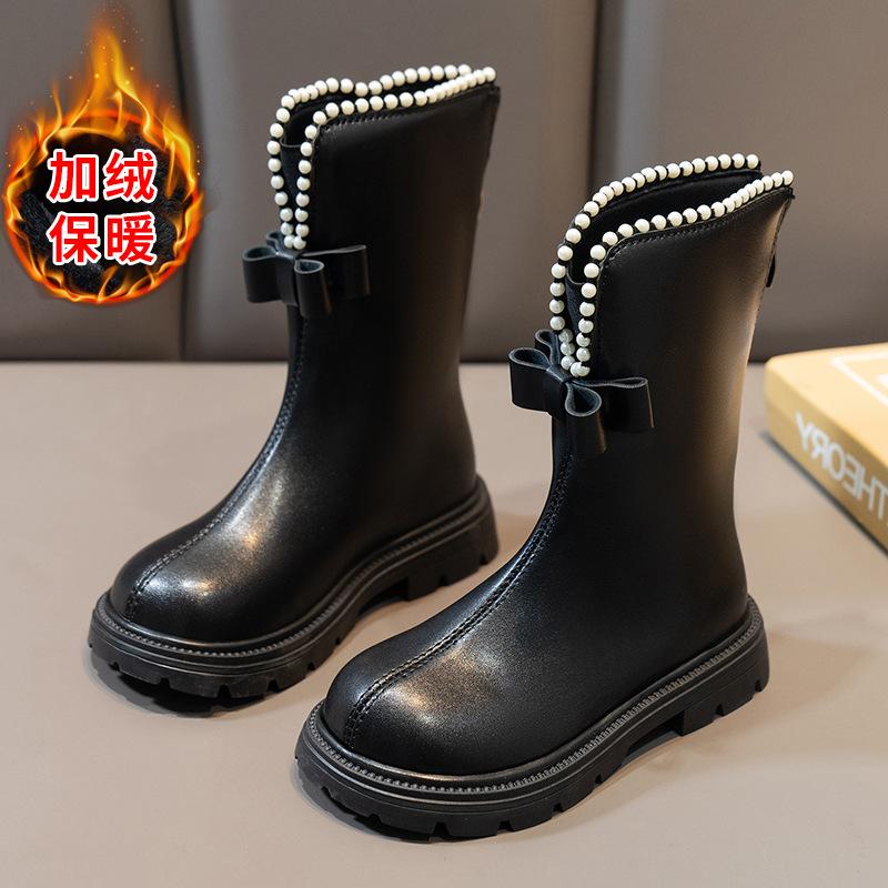 

Корейская версия Bow Mary Jane Velvet Medium Boots Детские ботинки Девочки Кожаные ботинки 26 yards inner length 16cm