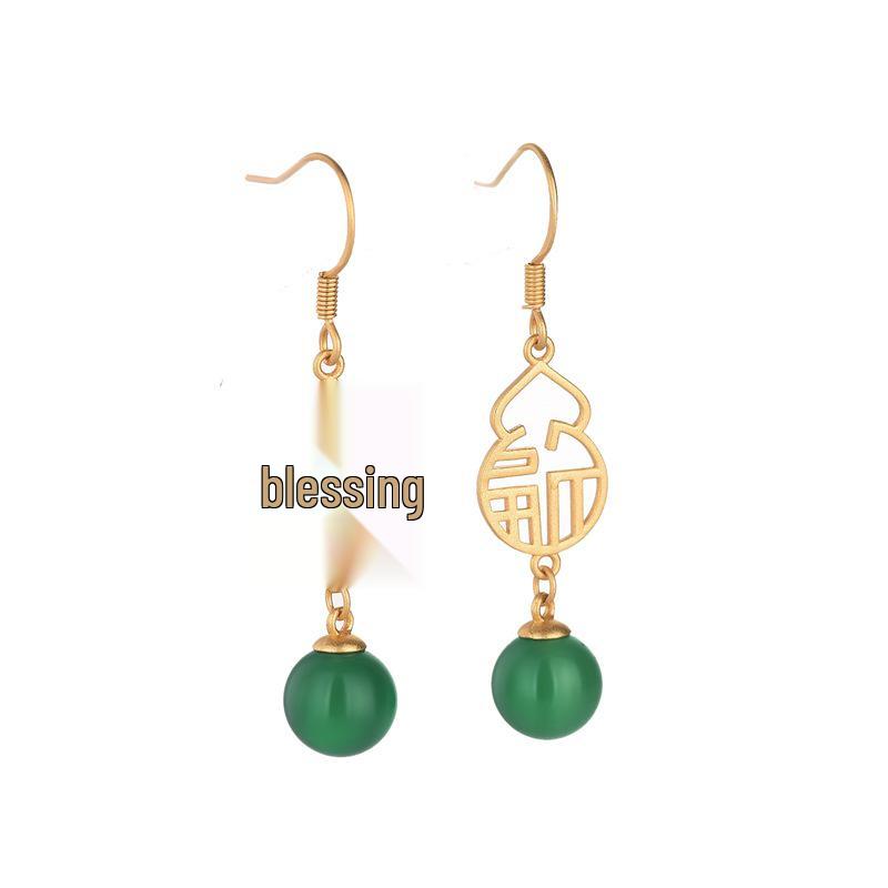 Creative National Tide Style Fu Lu Gold-Plated Stud Earrings with Chalcedony Jasper Gourd for Women