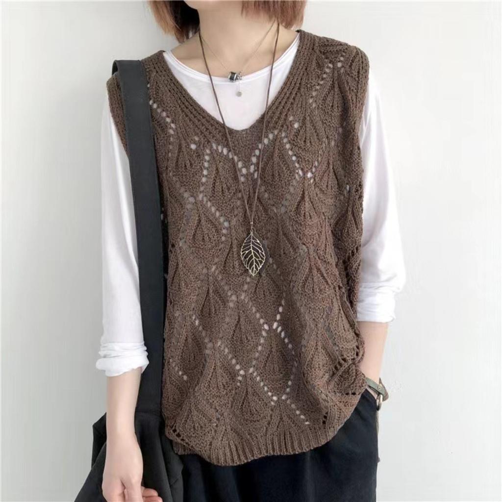 New, Retro, V-neck, Crochet, Knitted Sweater, Sleeveless Vest, Top, Loose, Hollowed Out, Pullover Vest
