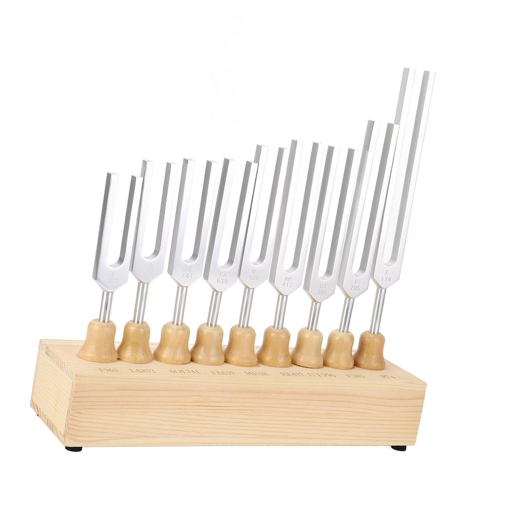 9 Pcs Tuning Fork Set 174 285 396 417 528 639 741 852 963Hz Tuning Fork Sound Healing Tool with Hammer and Wood Base