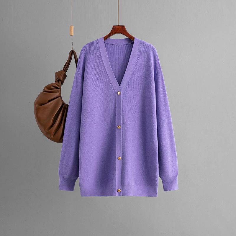 Women's Spring Autumn V-Neck Full Sleeve Single Breasted Loose Solid Color Middle Long Sweater Cardigan
