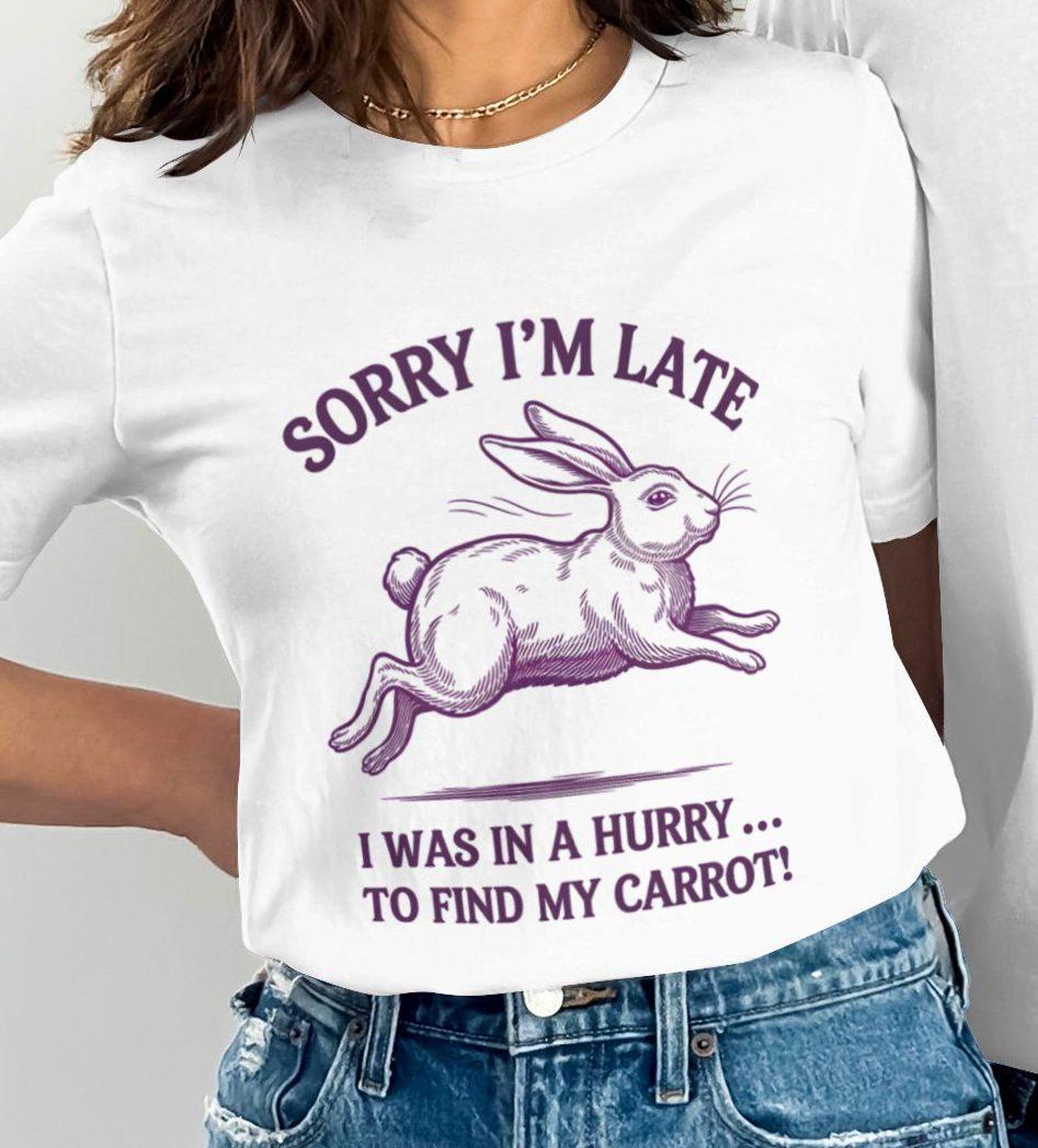 Funny Bunny Graphic T-Shirt: Sorry I m Late, Carrot Lover Tee S