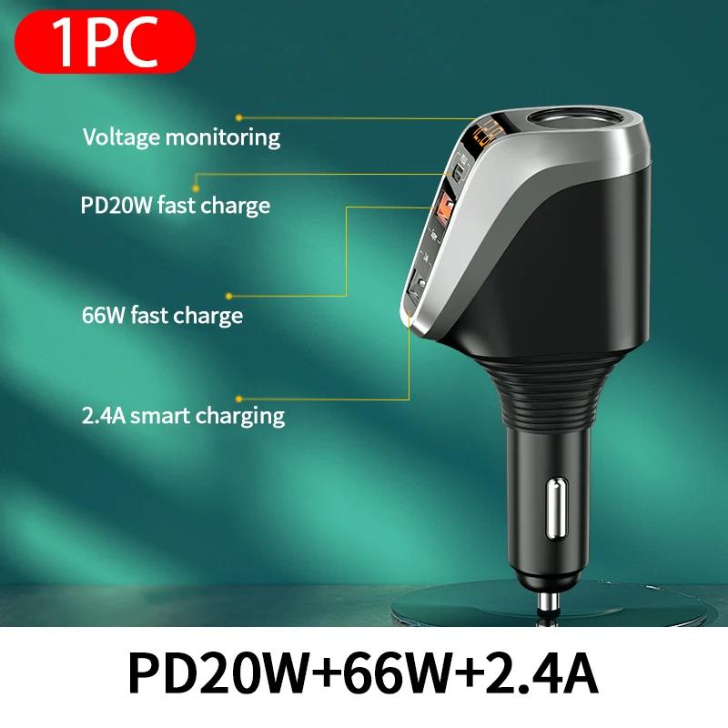 188W Car Charger QC3.0 PD20W Fast Charging 3-Port USB Adapter for iPhone/Samsung 12V/24V Cigarette Lighter Socket Quick Charge