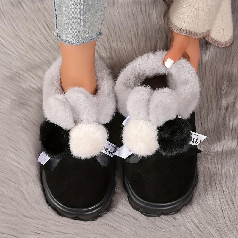 Thick Bottom Bow Rabbit Plush Cotton Shoes Household Women Home Simple Warm Snow Boots Anti-slip