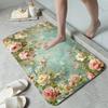Green Background Pink Flower Printed Non-Slip Floor Mat Absorbent Decorative Rug for Bathroom Shower Doorway Home Decor
