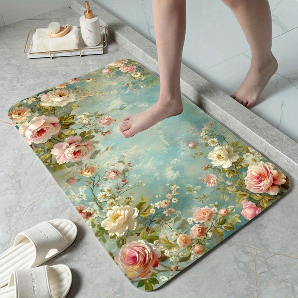 Green Background Pink Flower Printed Non-Slip Floor Mat Absorbent Decorative Rug for Bathroom Shower Doorway Home Decor