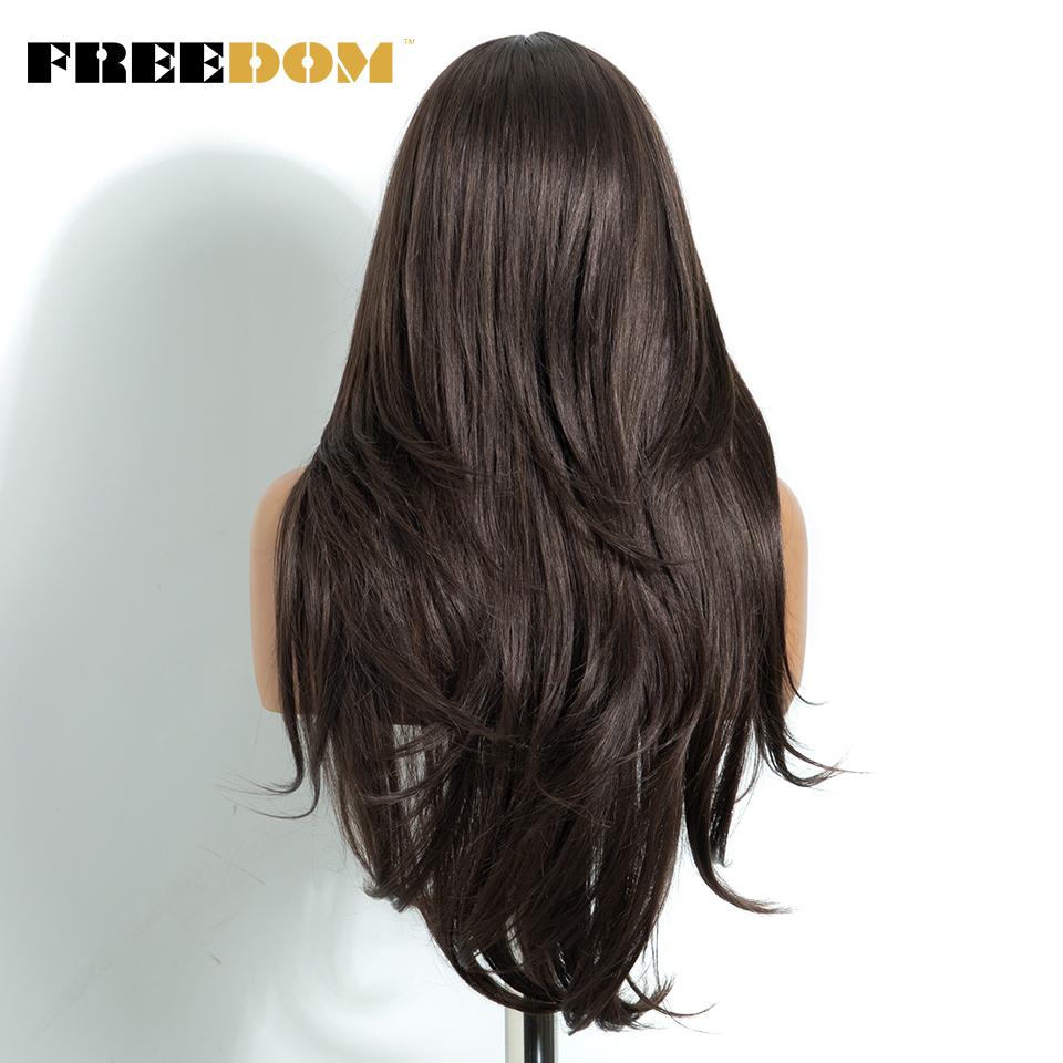 FREEDOM Synthetic Lace Front Wigs For Women 26 inch Straight Layered Wig With Bangs Ombre Brown Blonde Highlight Daily Party Wig