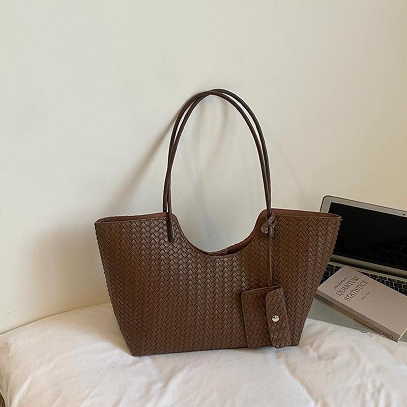 Vintage Woven Leather Tote Bag With Matching Pouch Large Capacity Shoulder Bag For Work Daily Commute Retro Casual Underarm Bag