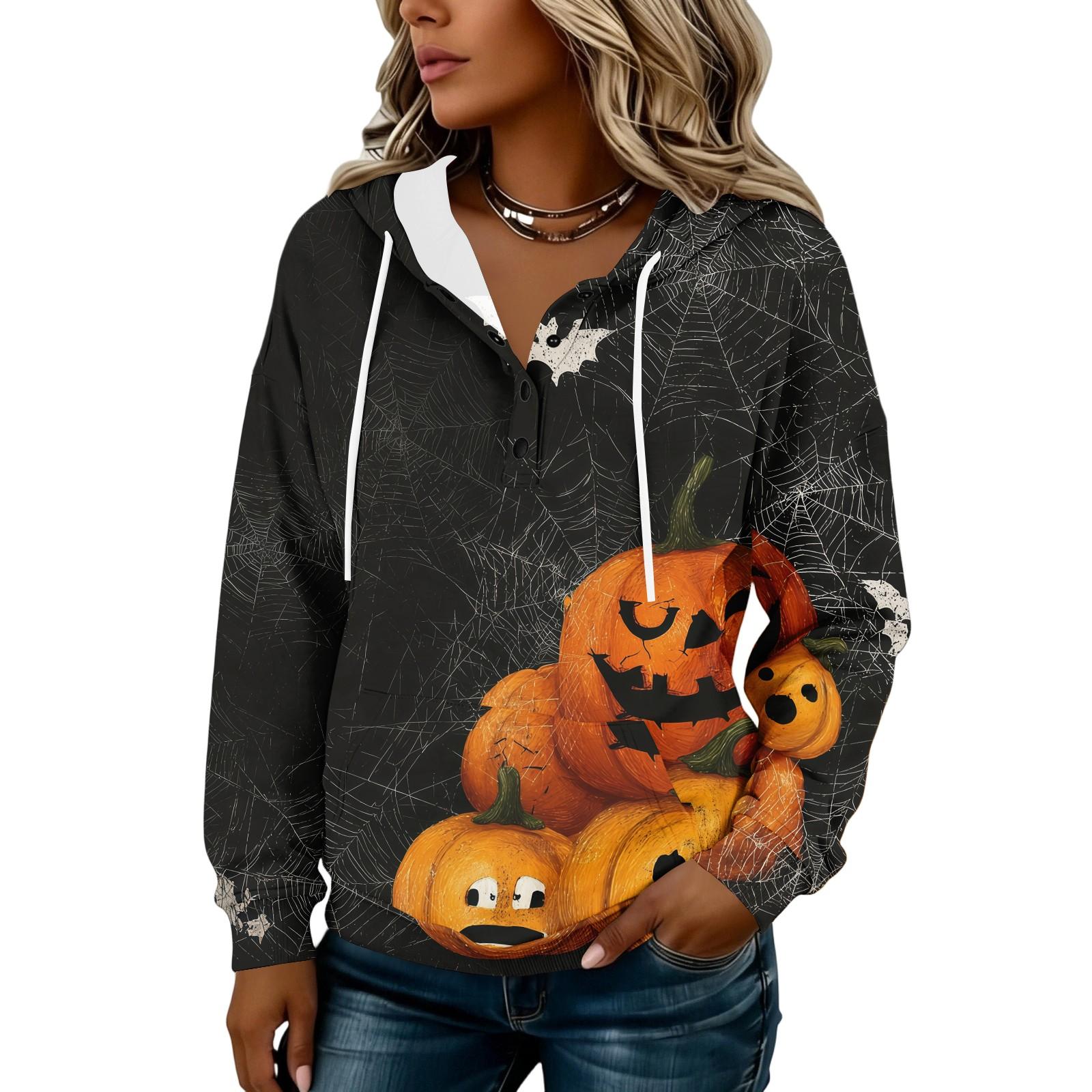 Women s Fashion Button Front Hoodie with Halloween Print Pullover Sweatshirt for Casual Everyday Wear XL
