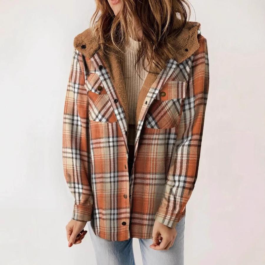 Fall Winter Women's Plaid Jacket Long Sleeve Hooded Cozy Coat with Pockets