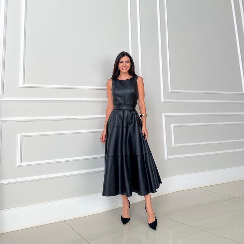 2025 Spring Sleeveless Slim Leather Belted Dress