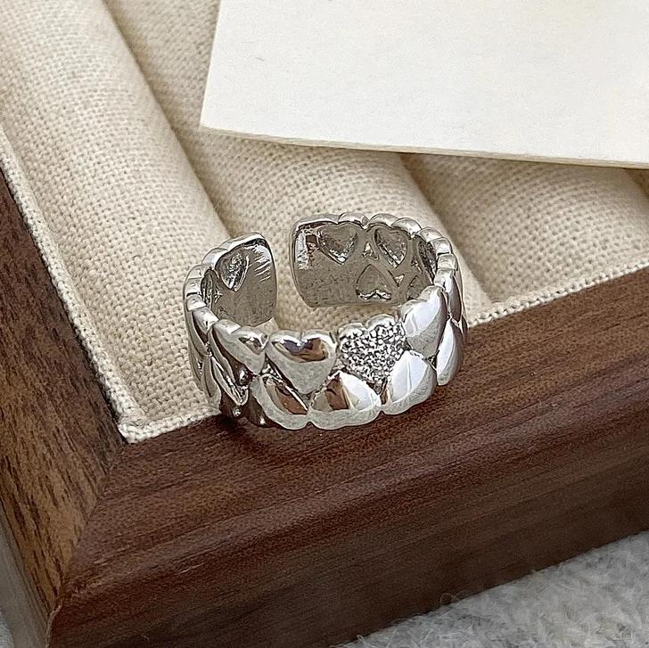 

PONYKISS Sterling Silver Double Row Heart Zircon Rings for Women Romantic Fine Minimalist Adjustable Accessories resizable