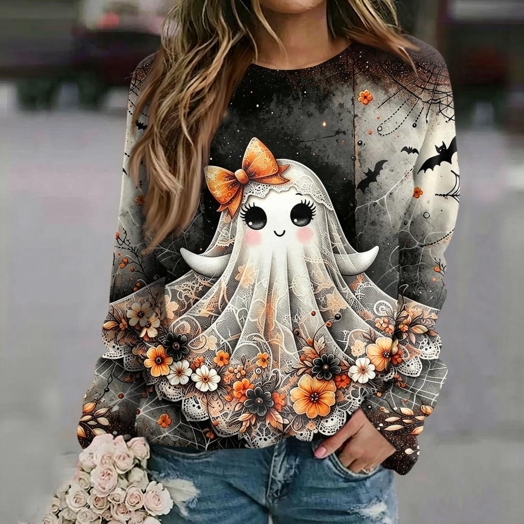 Women's Casual Halloween Print Raglan Long Sleeve Neck Sweatshirt Top