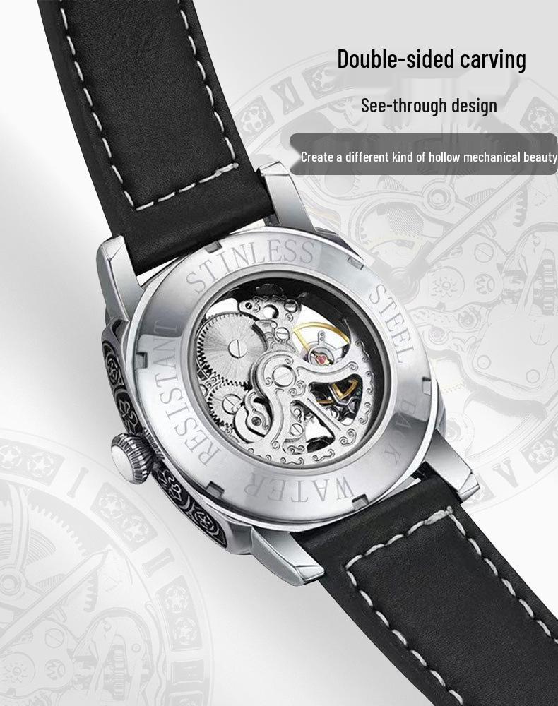 Herren Skelett Automatische Mechanische Uhr, Geprägtes Edelstahl