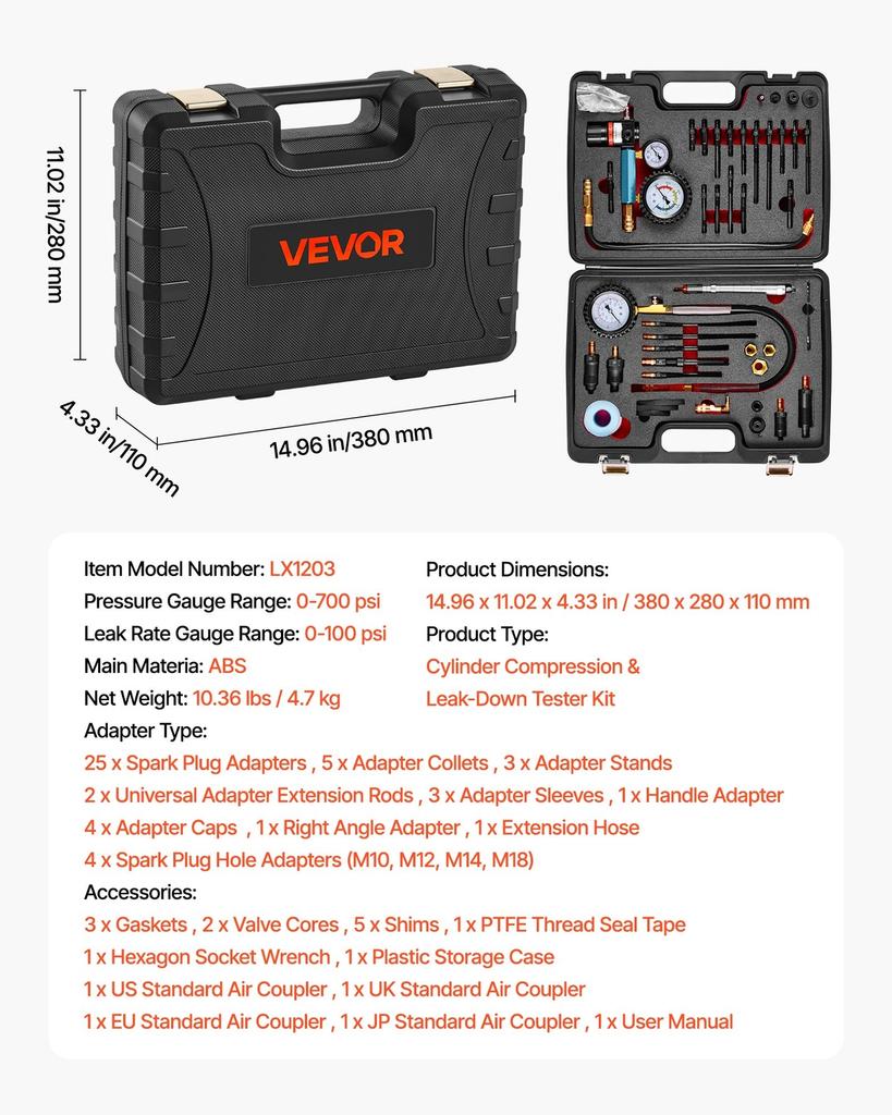 Engine Cylinder Compression Tester Kit, 0-700 PSI Pressure Gauge & 0-100 PSI Leak Gauge, Automotive Leak Down Tester Kit with 4 Adapters, Pressure
