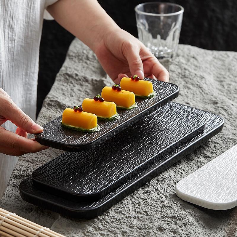 Rectangular Black & White Ceramic Sushi and Dessert Plate