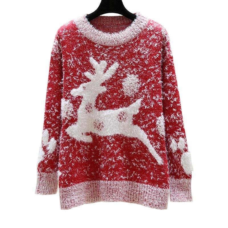 Women's Faux Mink Velvet Reindeer Christmas Sweater: European & American 2021 Autumn/Winter Round Neck Knitwear